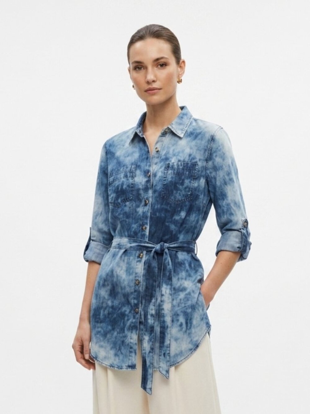 Dizzy Lizzy Blouse Blue Tie Dye Button Up Belted Grunge Chambray M